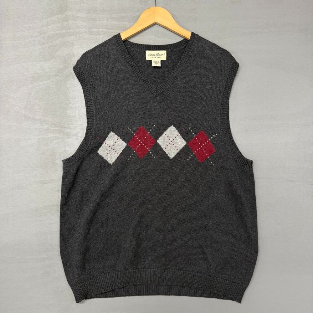 Vintage Eddie Bauer Grey Argyle V Neck Sweater Vest XL